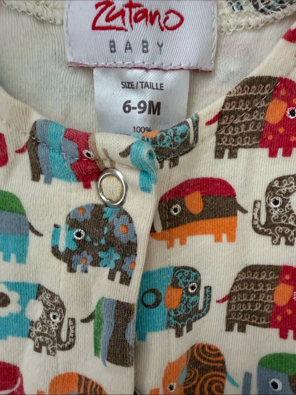 Zutano Cream Footed One-Piece with Colorful Elephant Print